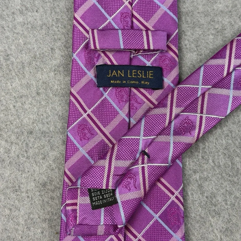 Vintage Jan Leslie Italy Silk Tie Purple Pink Plaid Woven Lizard 58x3.25